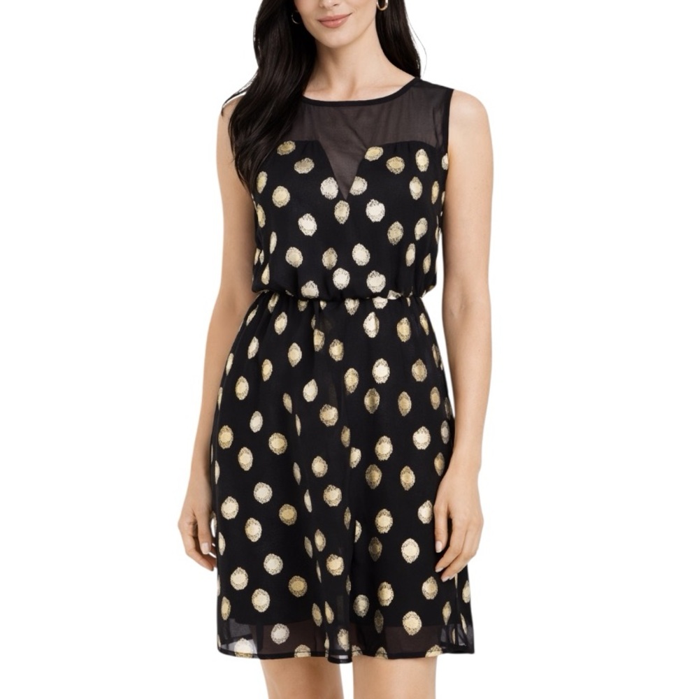 Wendy Katlen Black Sheer Gold Metallic Polka Dot Stretch Dress 6